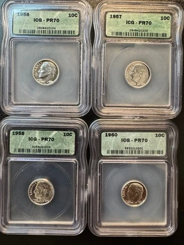 Lot Of 4 Proof Roosevelt Dimes 1956; 1957; 1958; 1960; Graded PR 70 Slabbed Rare