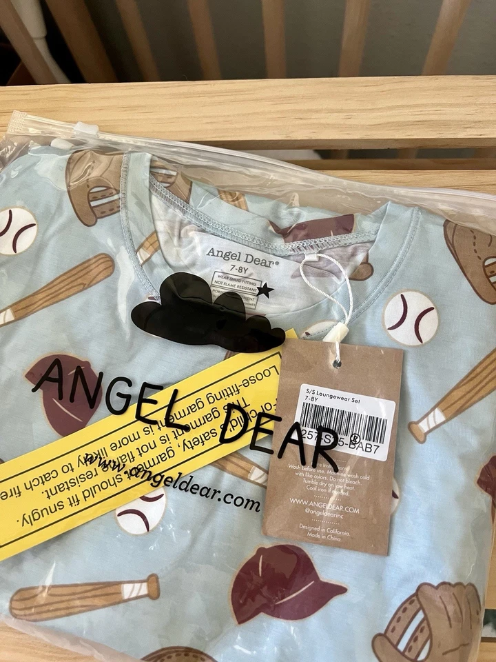 *New In Bag* Angel Dear 7-8Y Bamboo Short Sleeve Lounge Wear Set Baseball - Image 3 of 4