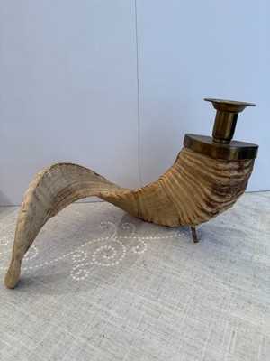 Vintage Rams Horn Candle Holder with Brass Accents