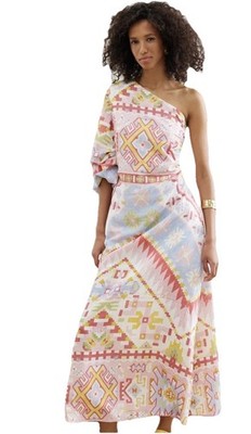 Binny Jamu Jamu NEW Linen Dress Size 10 One Shoulder Maxi Boho Geometric Hippie
