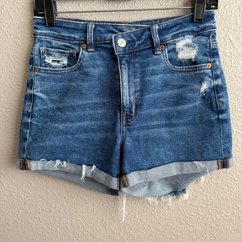 American Eagle Destructed Cutoff Mom Short Cuffed Denim Jean Shorts 2