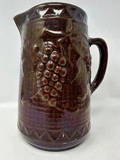 LARGE Antique Stoneware Crock Pottery Brown Salt Glaze Pitcher Raised Grape Vine