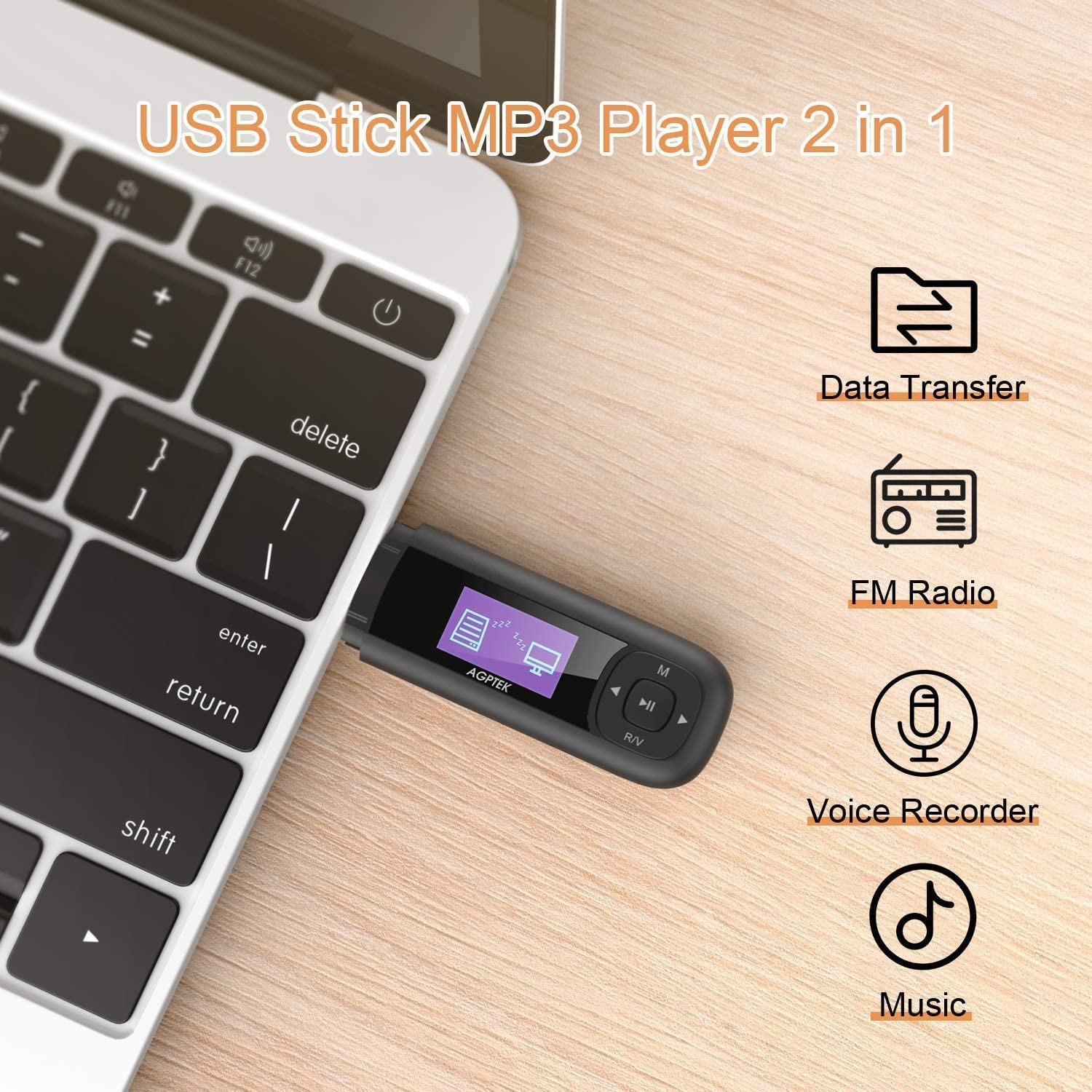 AGPTEK 8GB Tragbare USB MP3 Player 1 Zoll LCD Display USB Stick Mit FM, Aufnahme