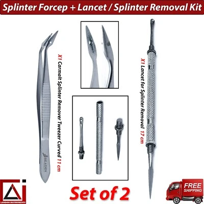 BEADEN® INSTRUMENTS Carmalt Splinter Forcep Tweezer Curved & Lancet Splinter Removal Kit Set of 2 CE