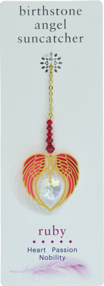 RUBY July Birthstone Gold Angel Wing Heart Sun-catcher Hanging Crystal Gift