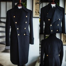 Navy Blue Woolen Men's Long Overcoat Thick Double Breasted Casual Outdoor Coat