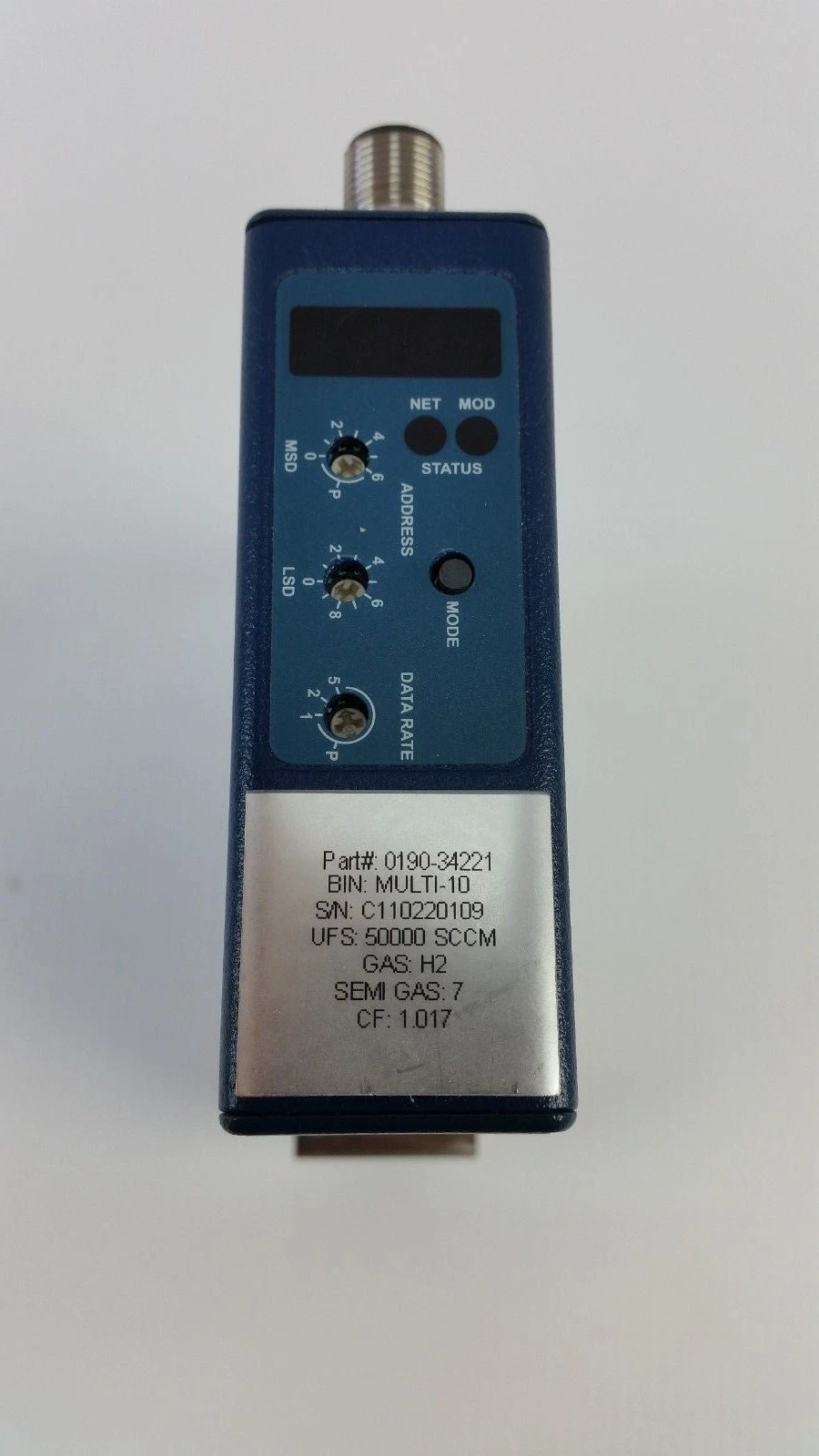 Top of the Aera PI-98 MFC: address and data-rate switches, status LEDs, label Part# 0190-34221, H2