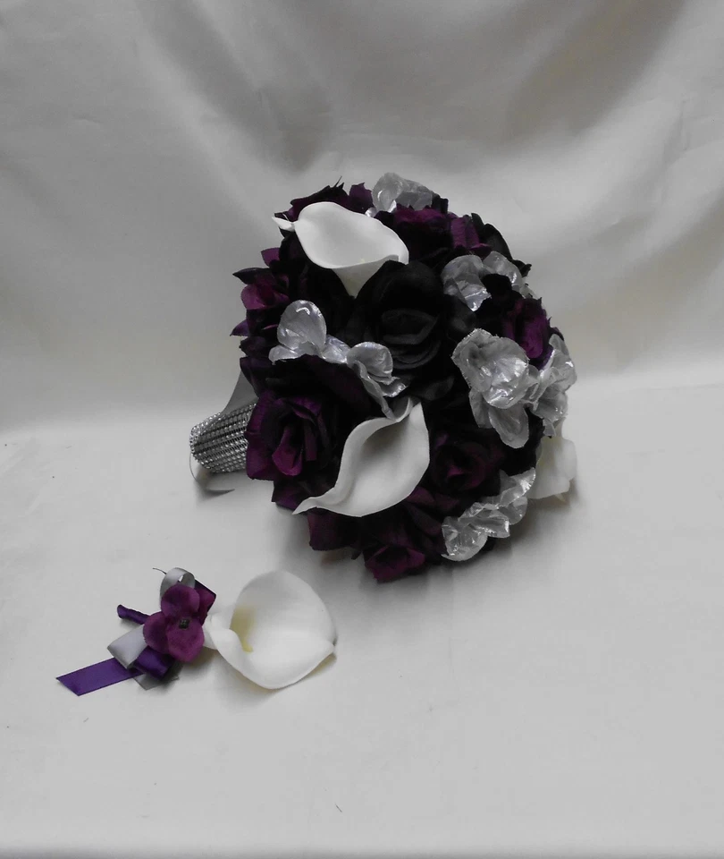 Silk Flower Wedding Bridal Bouquet Purple Plum Eggplant Silver Calla Lily 18 pcs - Image 2 of 4