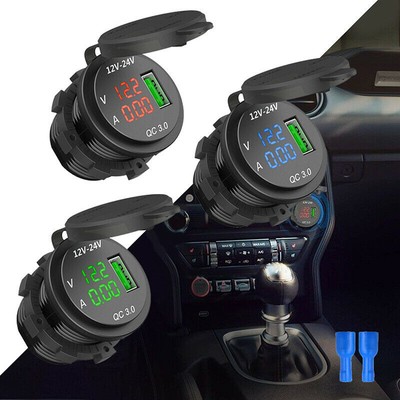 12V/24 Car Cigarette Lighter Socket QC3.0 USB Charger Power Outlet LED Voltmeter
