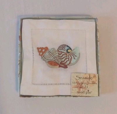 Mud Pie Set Of 4 Linen Coasters ''Seaside'' Embroidered Seashells NIB Nautilus 