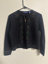 Karen Scott Wool Cardigan Sweater Full Zip Embroidery Holly Size Medium Petite