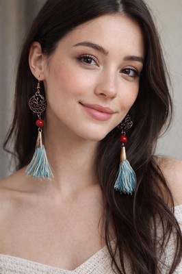 Tassel Dangle Earrings Blue Red Copper + Gift Bag Free Shipping USA Only