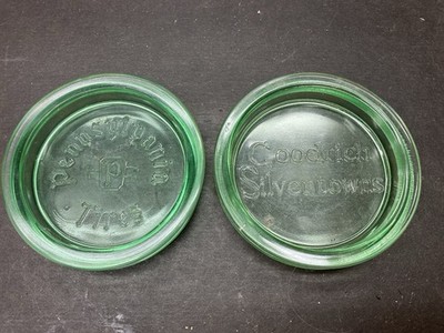Vintage Firestone & Goodrich Tire Ashtray Green Glass Inserts