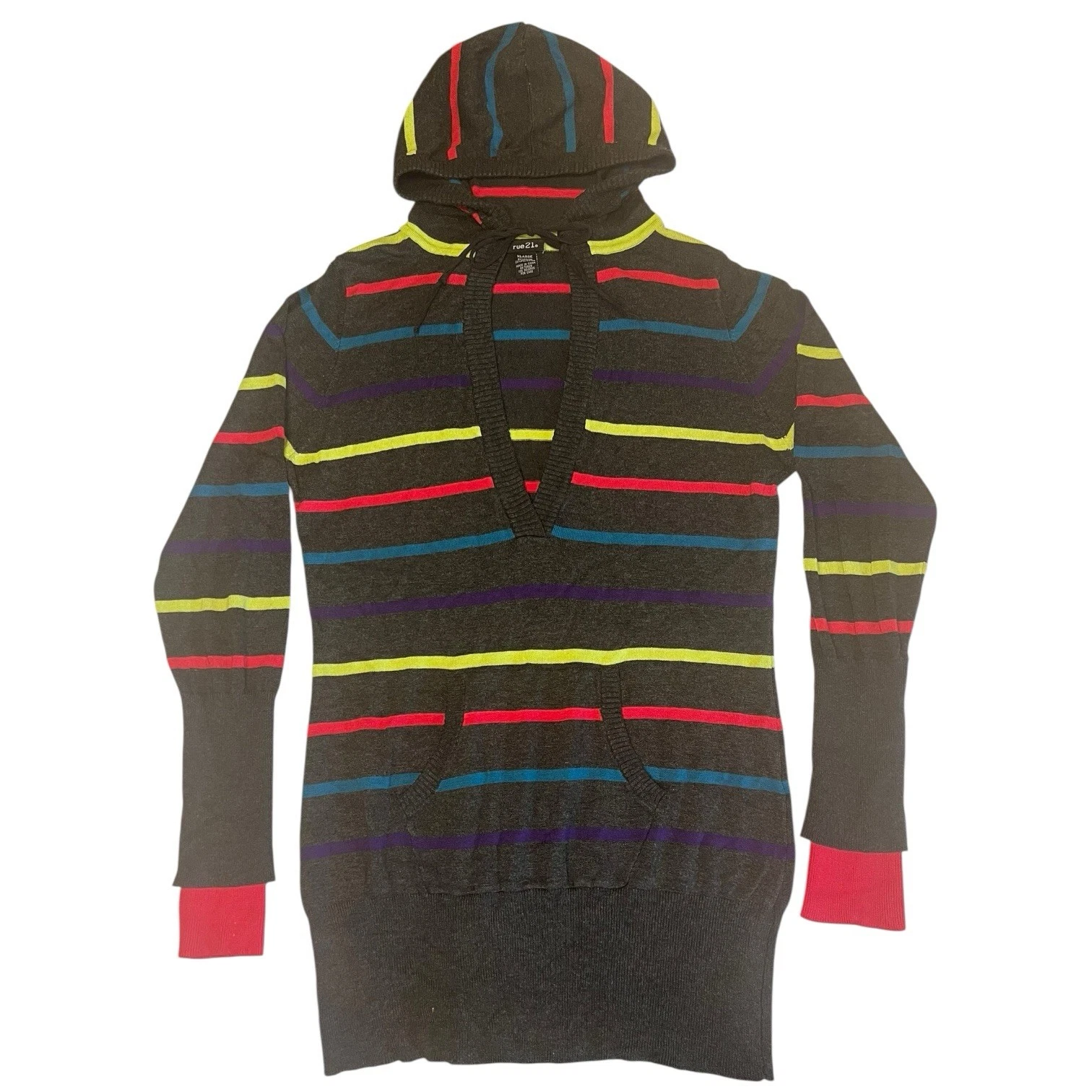 rue21 Striped Hoodie Sweater XL Tunic Multicolor Knit Y2K Festival Statement