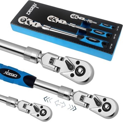DISEN 3-Piece Extendable Flex-Head Ratchet Wrench Set with EVA Storage Case - 1/