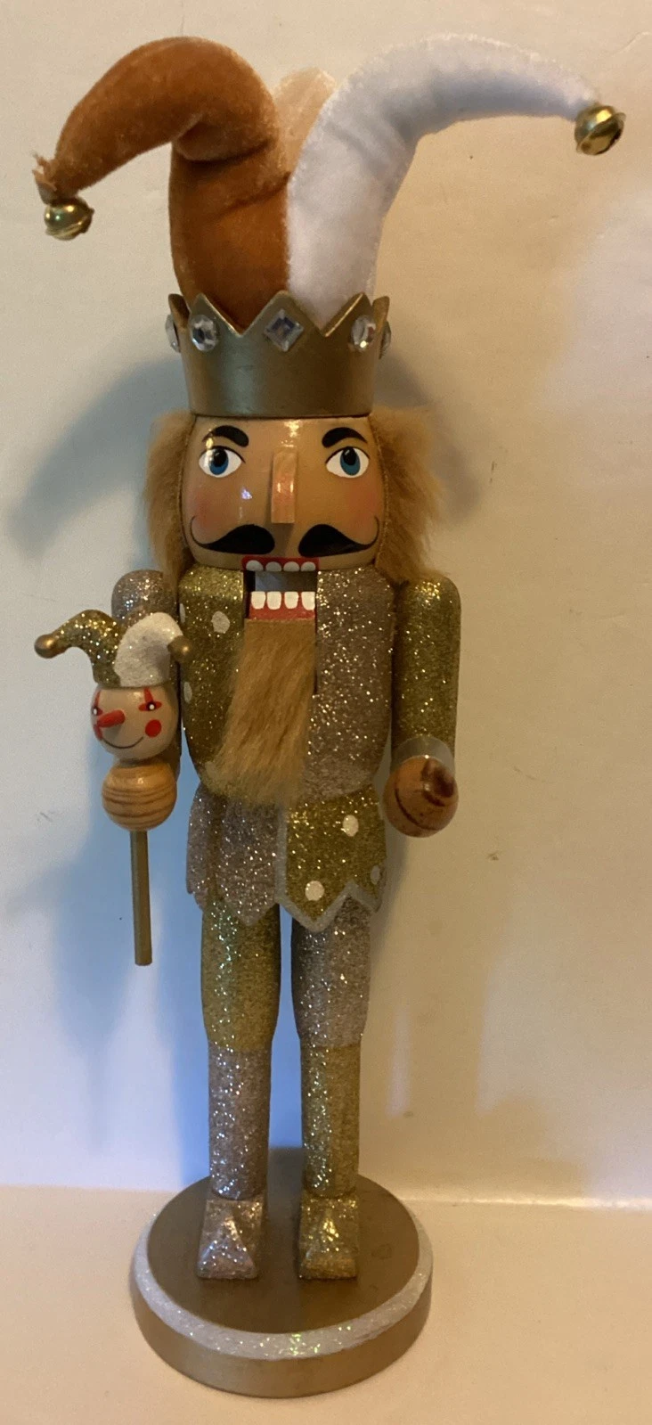 Nutcracker Court Jester Gold Glitter w/ Clown Staff Velvet Hat Wooden 15" Tall
Opens in a new window