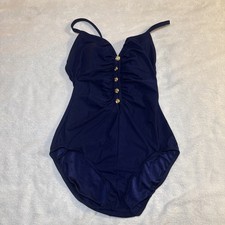 Robby Len Swimfashions Vintage Navy Blue Gold Button One Piece Swimsuit