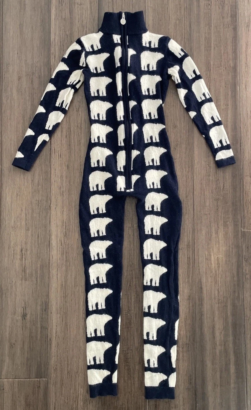 Perfect Moment kids polar bear wool jumpsuit navy sz 6 ski base layer READ