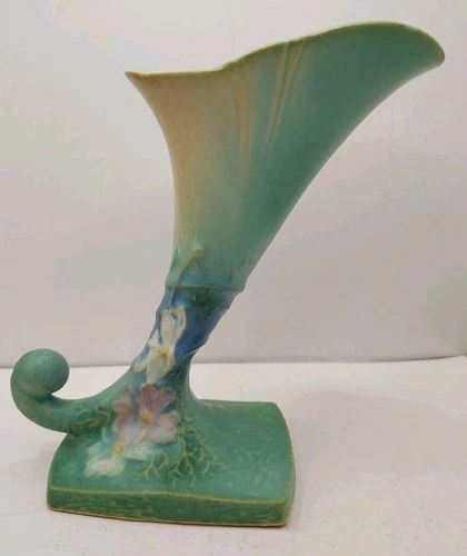 Roseville Cosmos 1939 Art Pottery Sea Foam Green Cornucopia Vase 136-6 MCM Vtg