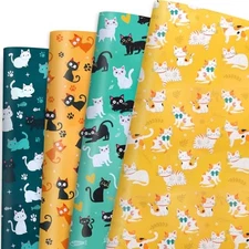 12 Sheets Cat Wrapping Paper, Cute Kitties and Paw Print Gift Wrap for Kitty