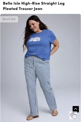 Belle Isle High Rise Straight Leg Jeans Pleated Blue White Stripe Pockets