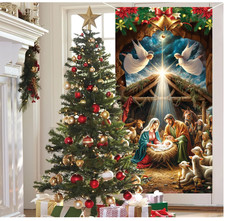 Nativity Christmas Door Covers for Front Doors Decoration Religious Holy Night J