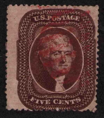 1861 US SC 30 5c Jefferson in Orange Brown - Type II, Used with  display picture 1
