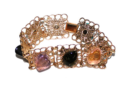 Vintage Gold Tone Semi Precious Stones Filigree Bracelet CSM2