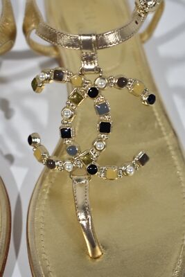 Chanel 19P Gold Metallized Lambskin CC Logo Mule Slide Flat Thong