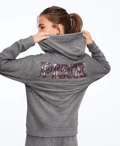 Victoria's Secret PINK Full Zip Hoodie Deep Heather Snow LargeGray Purple Palm - Picture 2 of 9