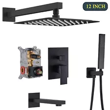 Black Shower Faucet Set Wall Mount 12" Rainfall Head Combo Kit Tub Spout w/Valve