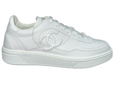 Chanel 23A White Calfskin Leather CC Logo Tie Flat Runner Trainer Sneaker 38
