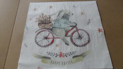 4 Servietten: 33 cm, Ostern: Hase mit Fahrrad und Blumenkorb ''HAPPY EASTER''