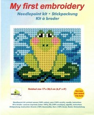 TELA MEZZO PUNTO " RANOCCHIO'' IN KIT CON LANA DA RICAMARE PRIMO RICAMO FACILE