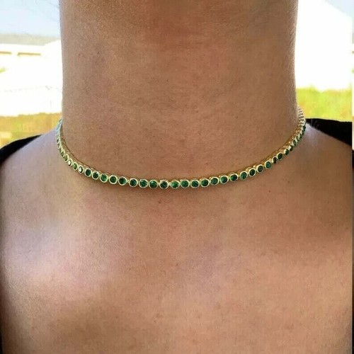 5Ct Bezel Set Round Green Emerald Tennis Choker Necklace 14K Yellow Gold Plated - Picture 3 of 6