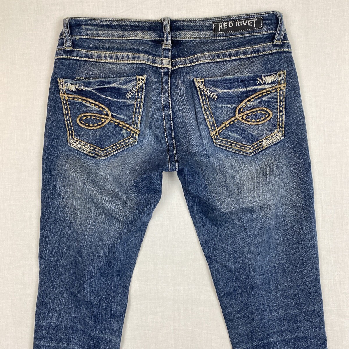 【COLOR iN ID】Dia rivet denim pants Red Rivet Stretch Denim Skinny Low Rise Jeans-Lite Dark Wash