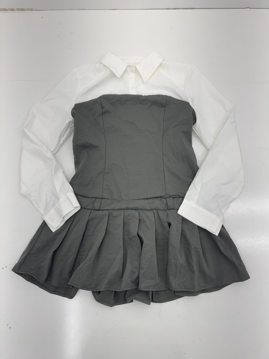 Shein Grey White Long Sleeve Pleated Dress Womens Size Large