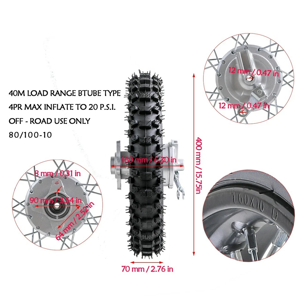 12" 10" Wheels Front 60/100-12 Rear 80/100-10 Tire Rim For KLX110 DRZ110 TTR90 - Image 3 of 4