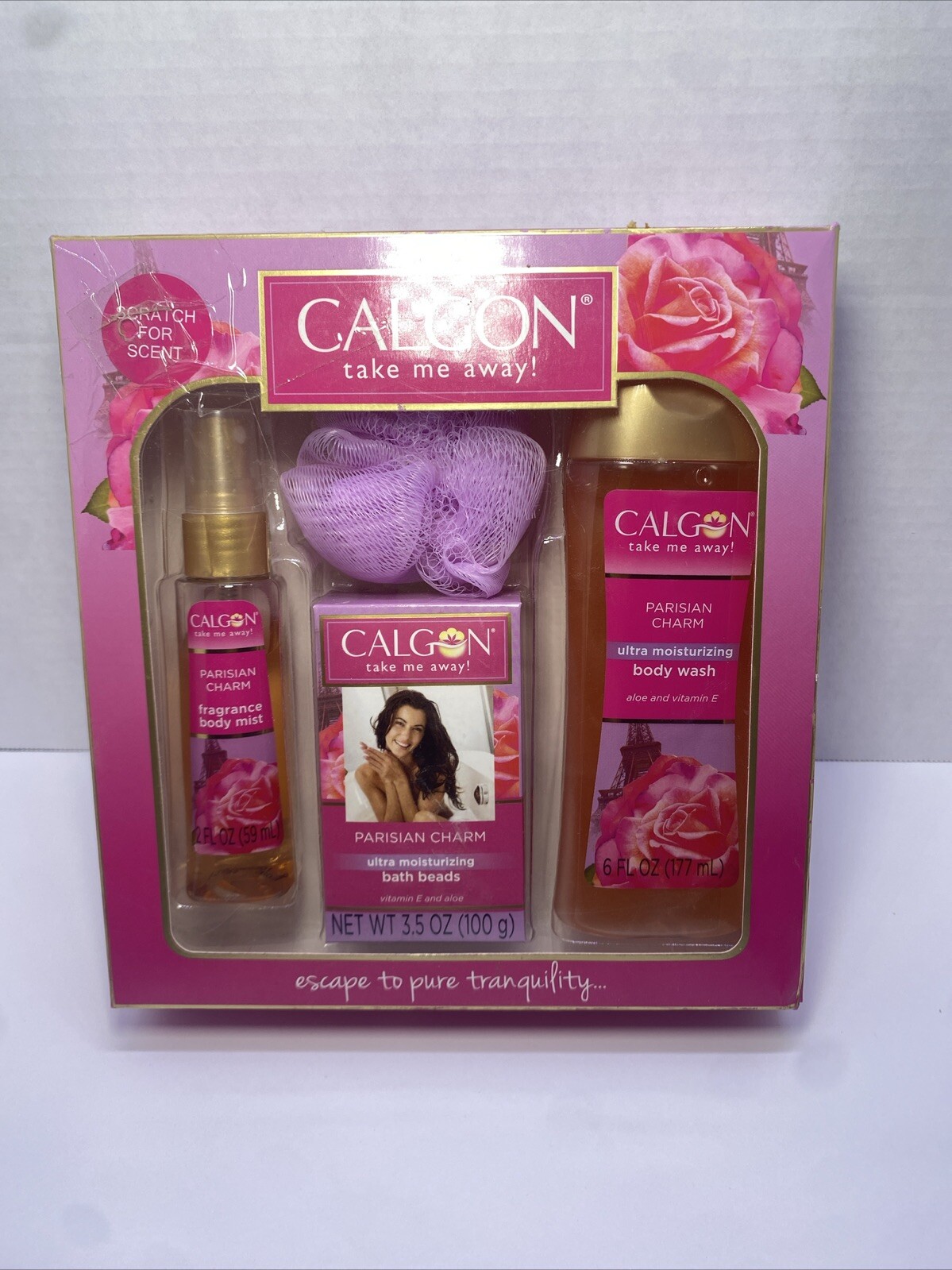 RARE Calgon PARISIAN CHARM 4-Piece Gift Set Fragrance Body Mist, Body Wash, More