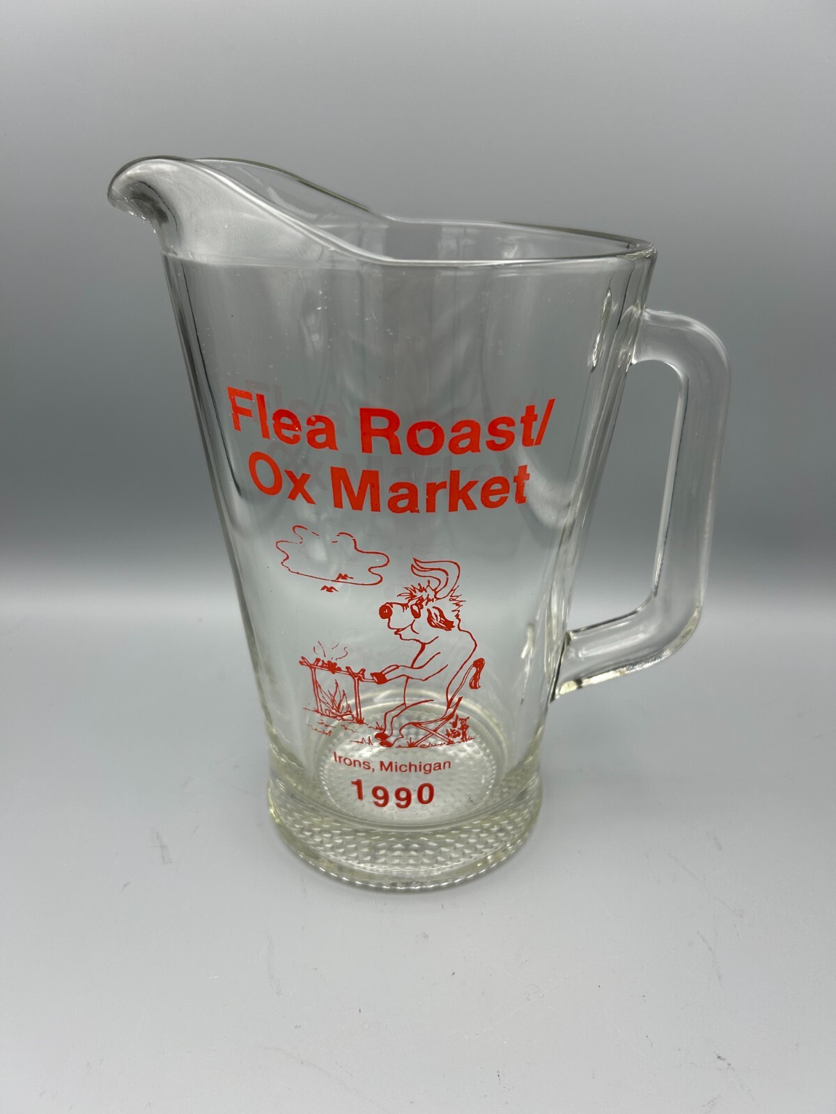 Vintage Heavy Glass Beer Pitcher 9" Flea Roast Ox Market Irons Michigan