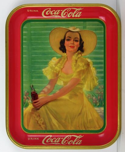 1938 COCA-COLA TIN LITHOGRAPH ADVERTISING TRAY LADY IN YELLOW DRESS COKE TRAY - Afbeelding 1 van 5