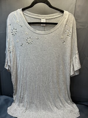 Terra & Sky 1X Gray Short Sleeve Blouse Pearl & Rhinestone Accents Lightweight 