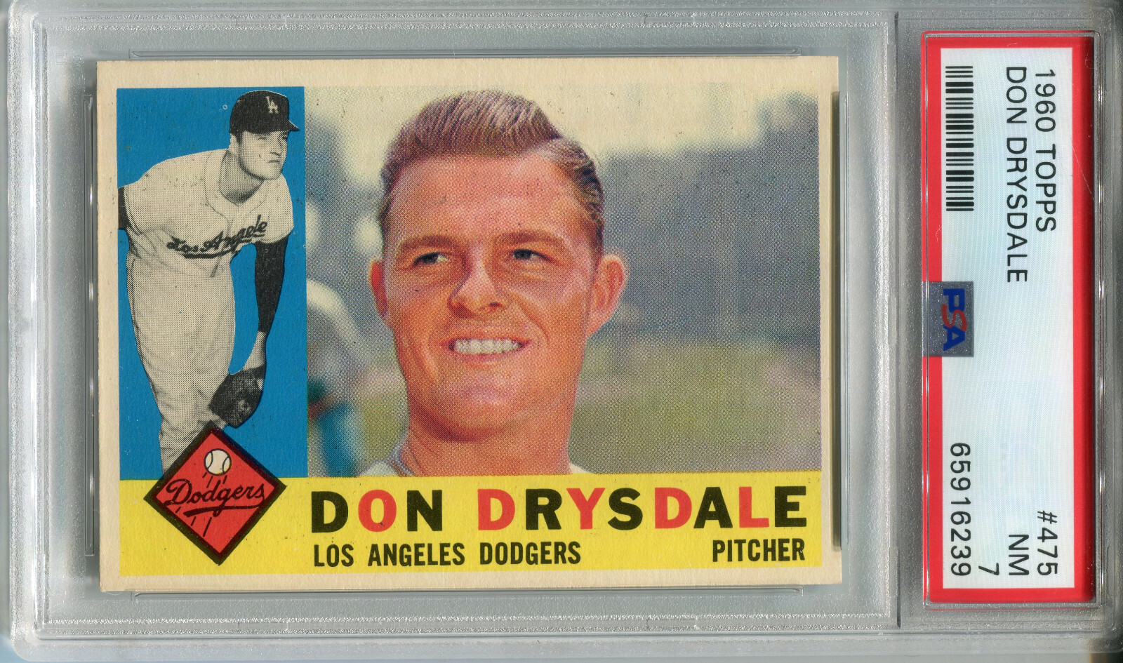 1960 Topps #475 Don Drysdale PSA 7 NM Los Angeles Dodgers