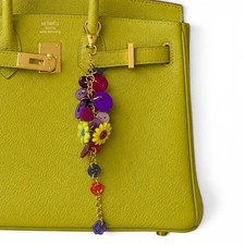Handmade Colorful Button Bag Charm Flower Keychain Gold Tone Boho Accessory