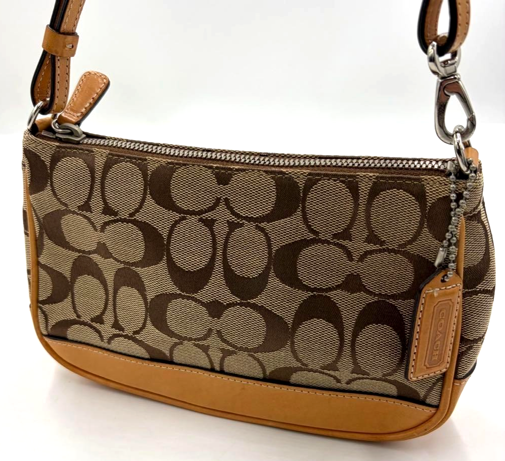COACH ブラウン ボディバッグ　4/17まで Coach Signature Demi mini Pouch Hand Bag Canvas Leather Beige 6094