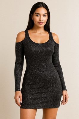 Jump Apparel Black Glitter Cold Shoulder Long Sleeve Dress Size Small  Bodycon | eBay