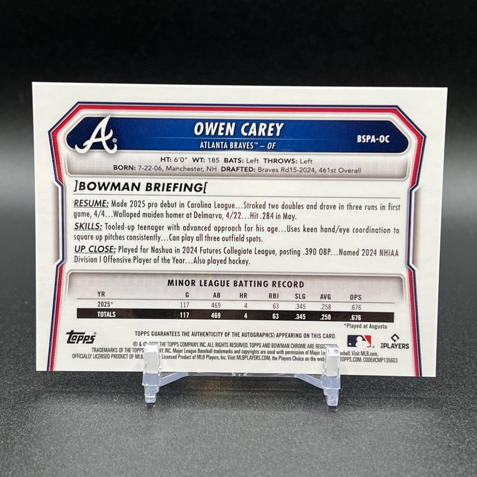 Owen Carey 2026 1st Bowman Chrome Red Sapphire Auto  3/5 Atlanta Braves view 2