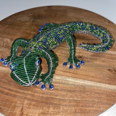 Beaded Metal & Wire Gecko Lizard Figurine Sculpture Colorful Folk Art Decor 12 