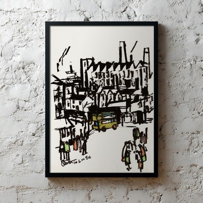 ORIGINAL GEMÄLDE - NORDISCHE KUNST ungerahmte Tusche + Aquarell Der 4.00 Bus 12x16''