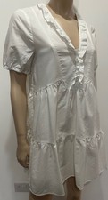 ZARA White Cotton V-Neck Summer Dress M Short Sleeve Frill Detail New With Tags